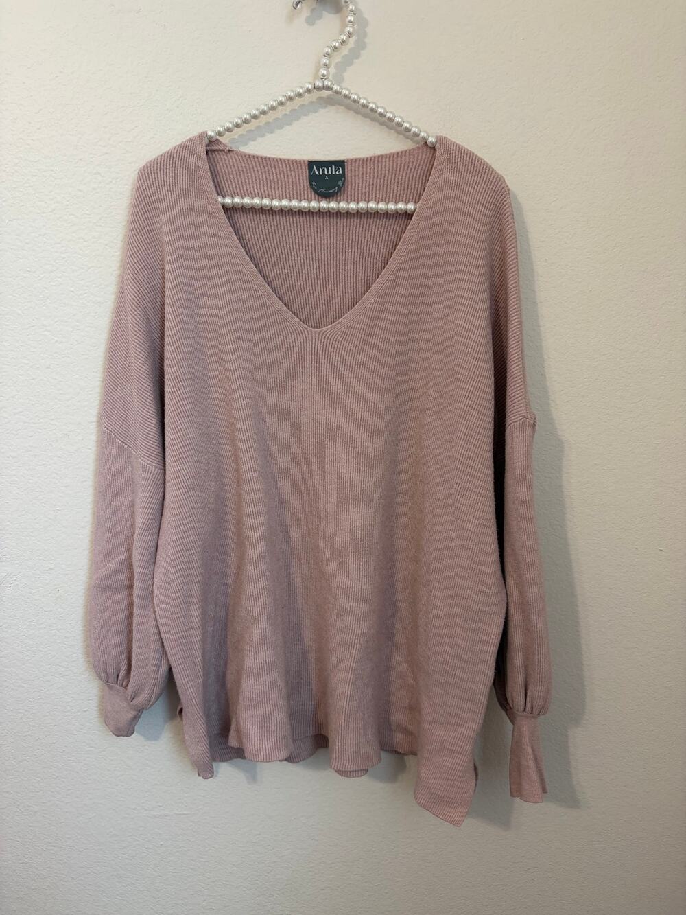 Arula Size A XL Sweater Light Pink Knit Slouchy Relaxed V-Neck Pullover Jumper